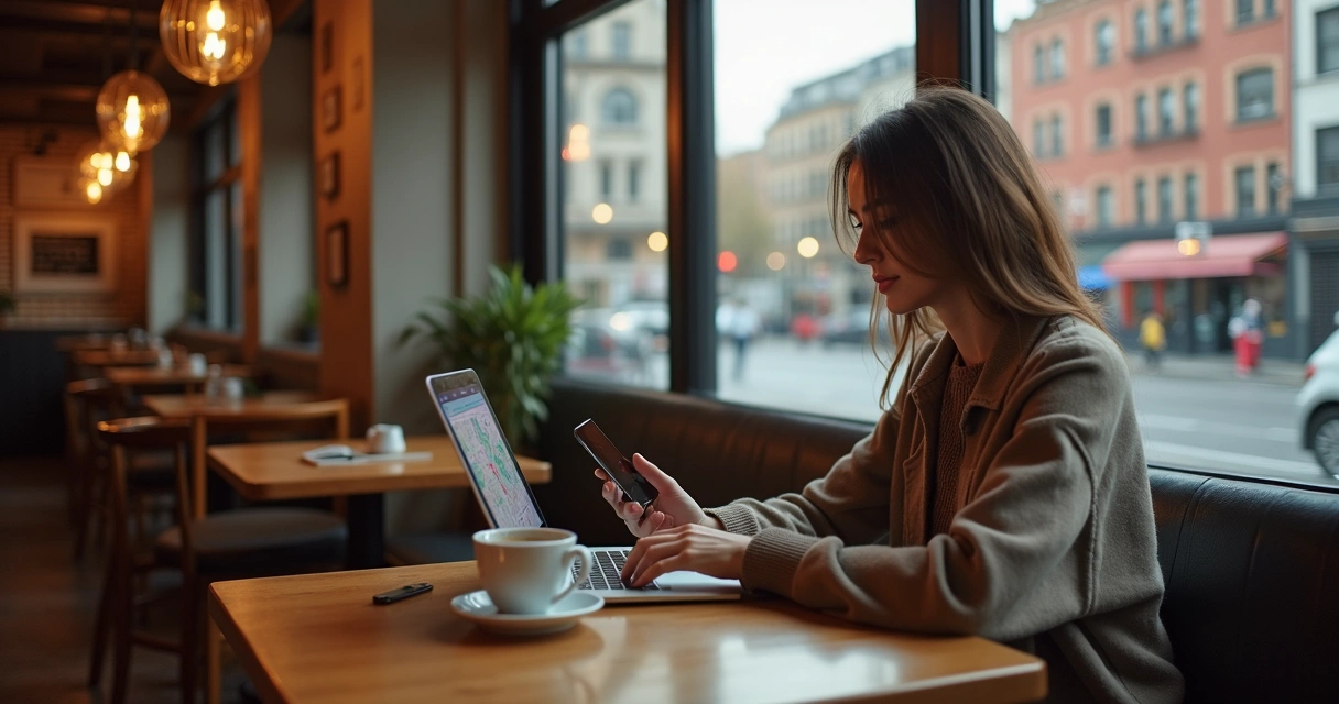 Mulher usando notebook em cafeteria durante viagem