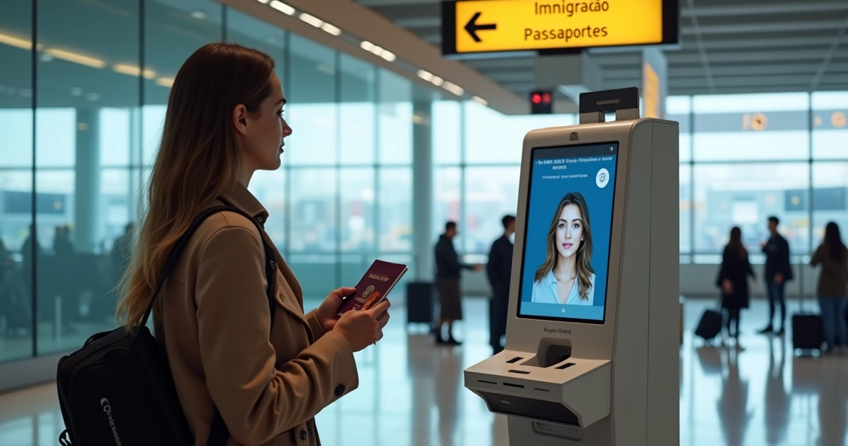 Mulher segurando passaporte com rosto visível para reconhecimento facial em aeroporto europeu moderno 