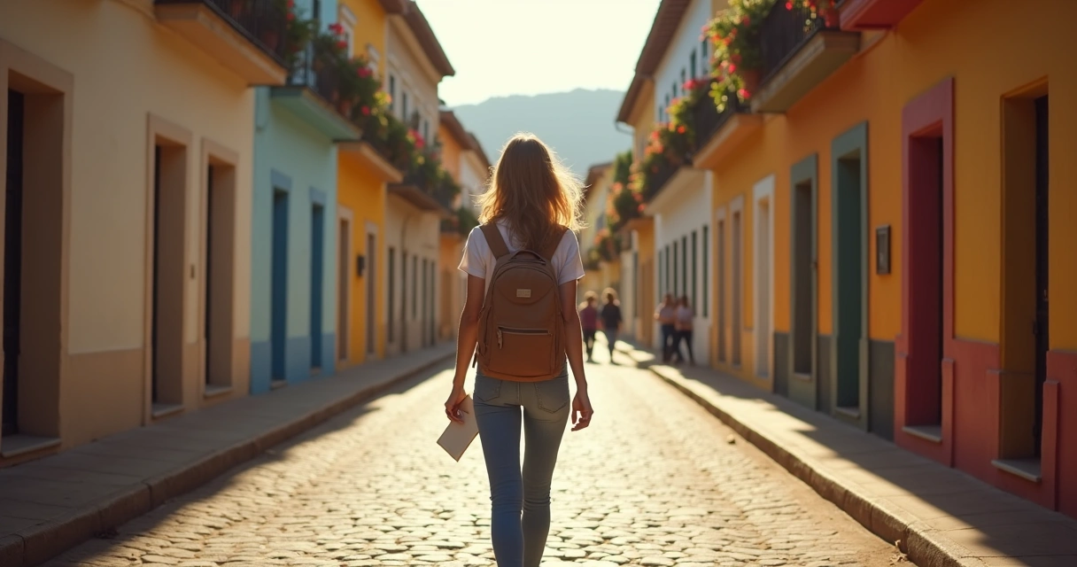 Mulher viajando sozinha em rua histórica com casas coloridas 