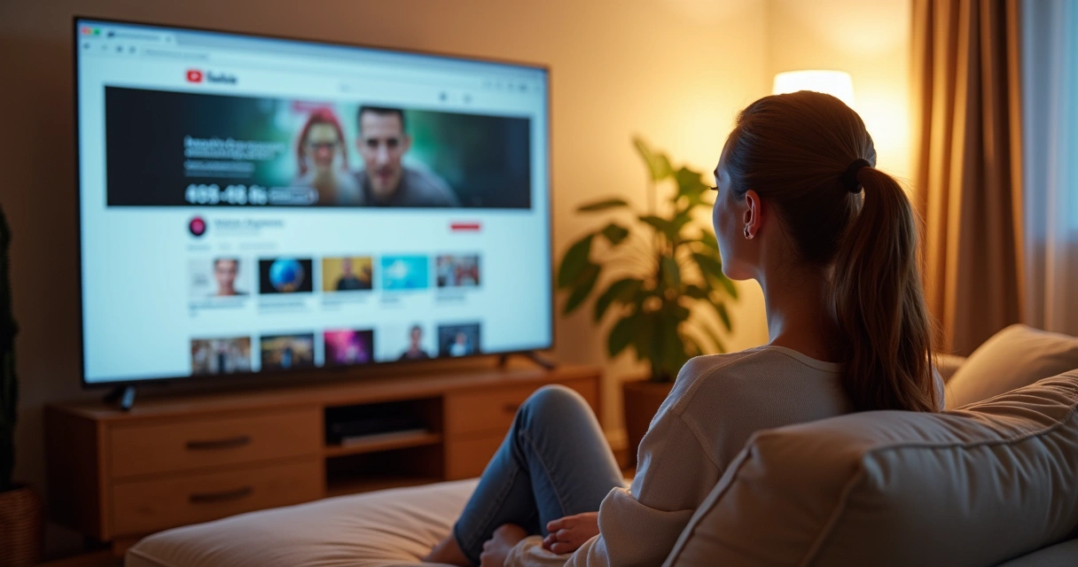 Mulher assistindo a vídeos com anúncios personalizados na tela 