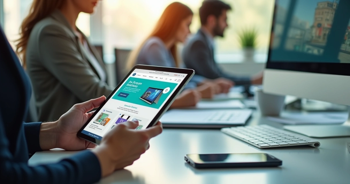 Mulher olhando para tablet com site aberto em ambiente de escritório 