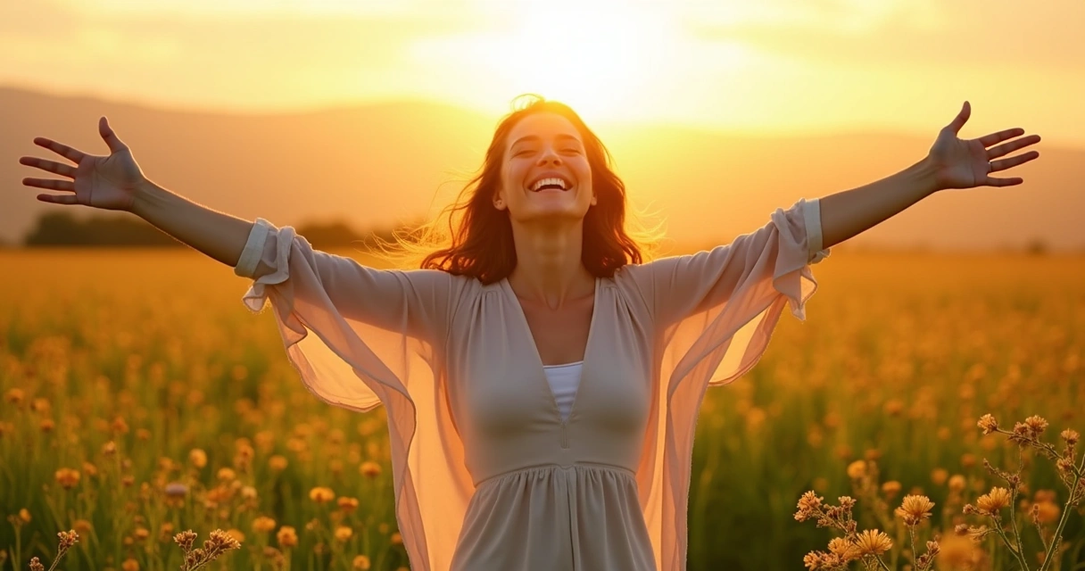 Mulher sorrindo com braços abertos diante de paisagem exuberante 