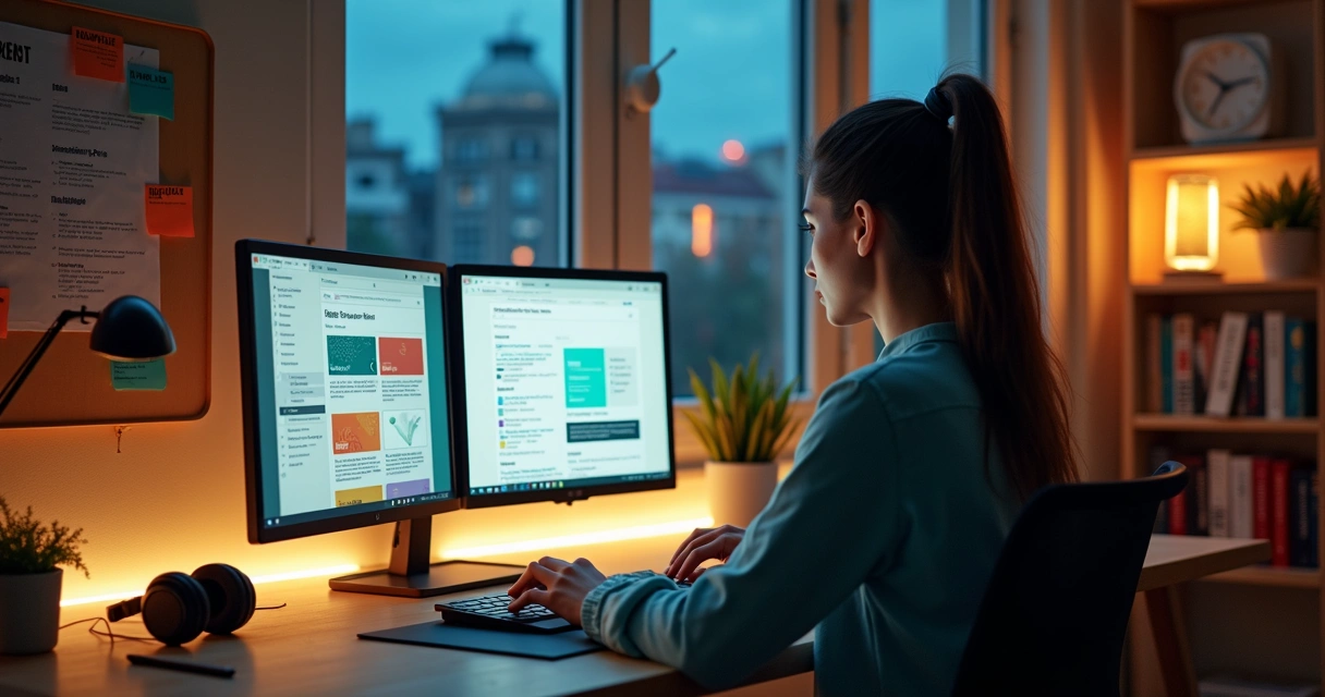 Mulher web designer freelancer trabalha em laptop em mesa organizada 