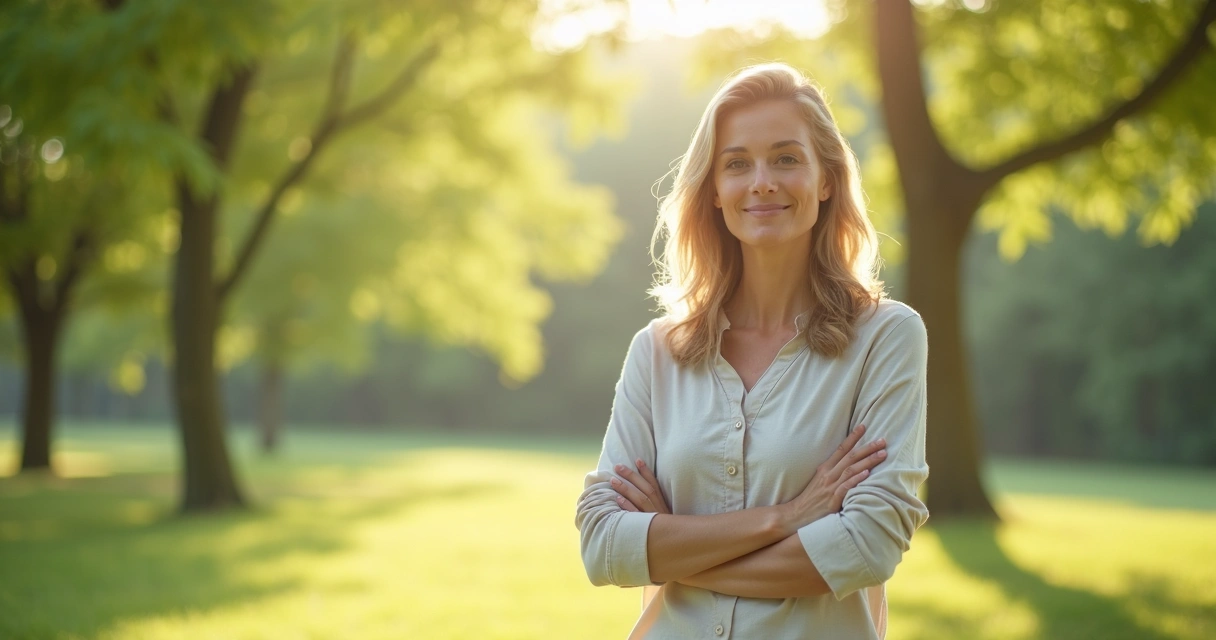Mulher saudável com expressão serena, representando equilíbrio hormonal e bem-estar feminino 