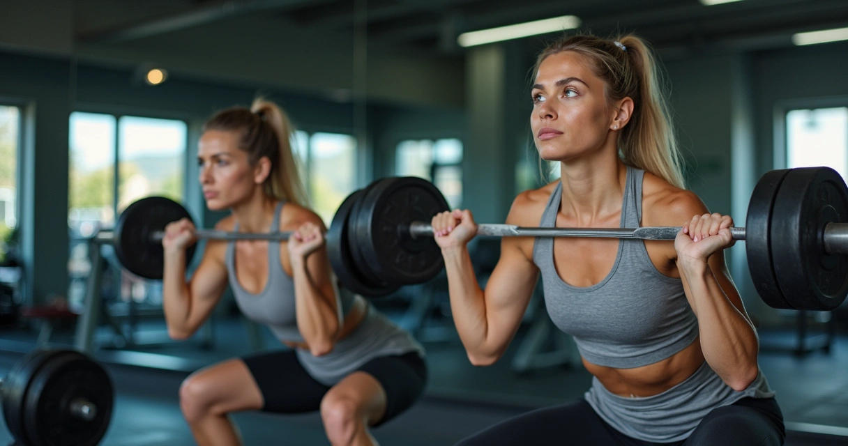 Mulheres em academia fazendo agachamento livre com barra. 