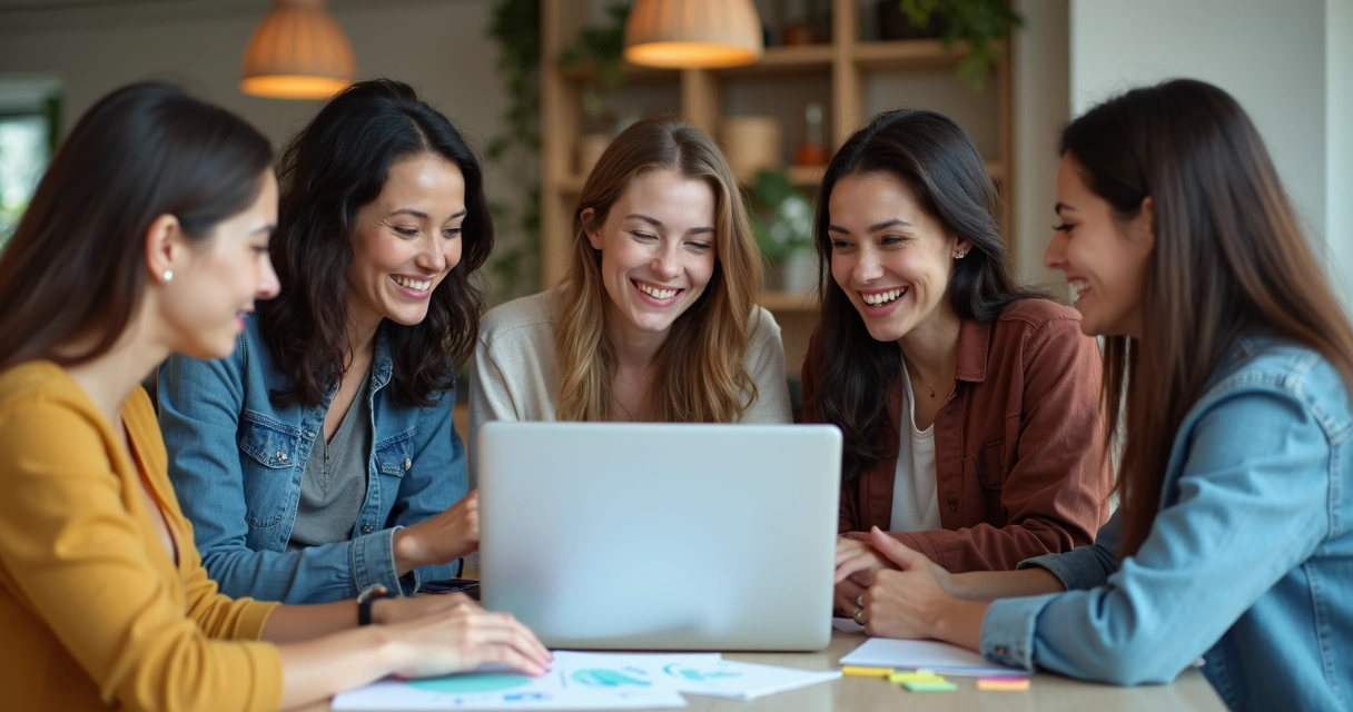 Grupo de mulheres analisando dados no laptop junto a post-its