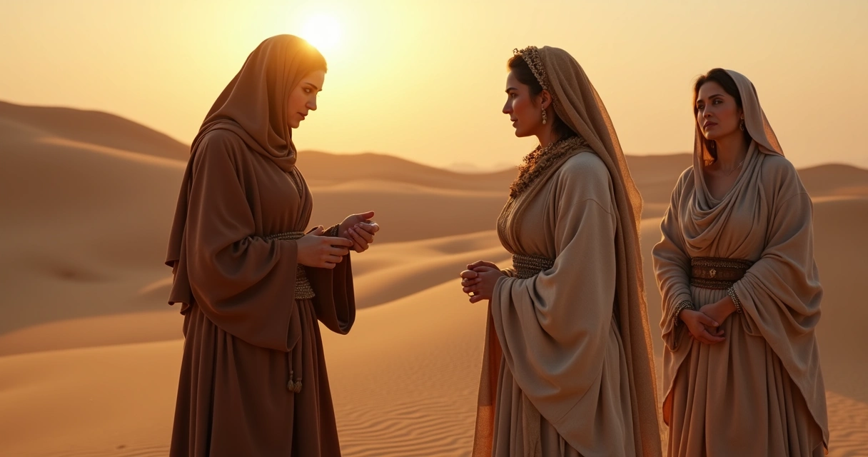 Cena de mulheres bíblicas em ambiente desértico, trajes antigos 