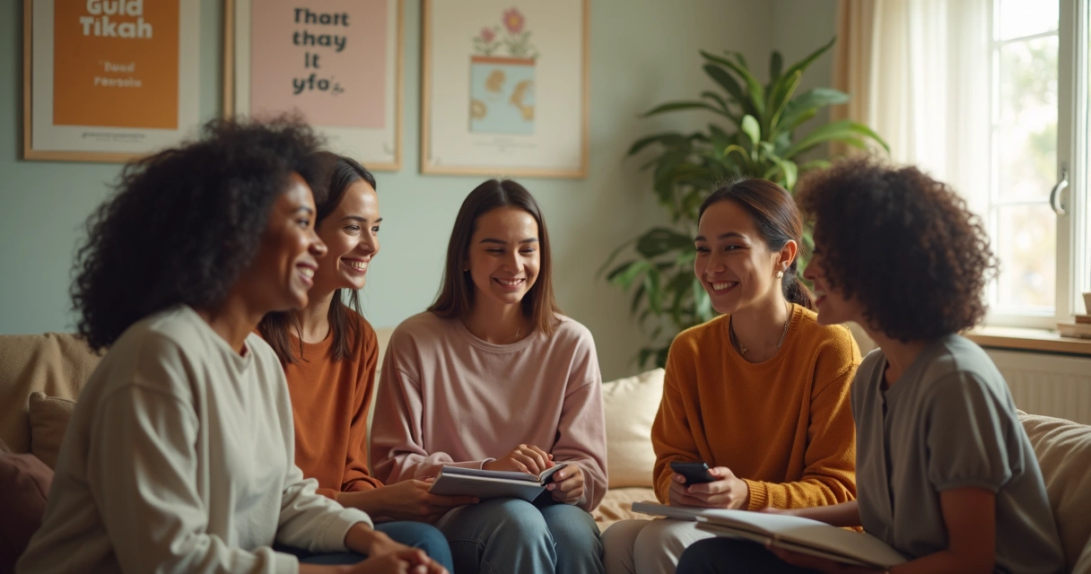 Grupo de mulheres sorrindo sentadas em roda apoiando umas às outras 
