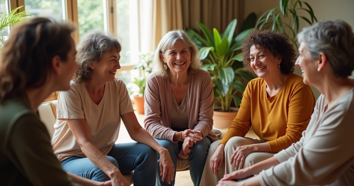 Grupo de mulheres se apoiando e sorrindo 