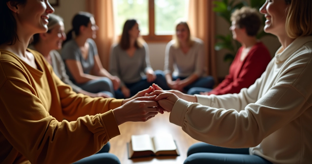 Grupo de mulheres sentadas em círculo, de mãos dadas, orando juntas