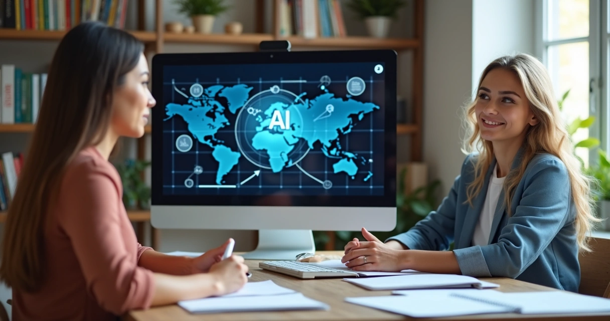 Duas mulheres apresentando soluções de IA em um vídeo ao vivo, computador e anotações na mesa 