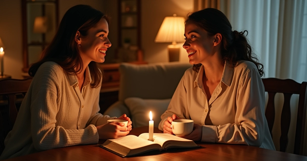 Duas mulheres conversando em uma mesa à luz de velas, com Bíblia aberta entre elas 