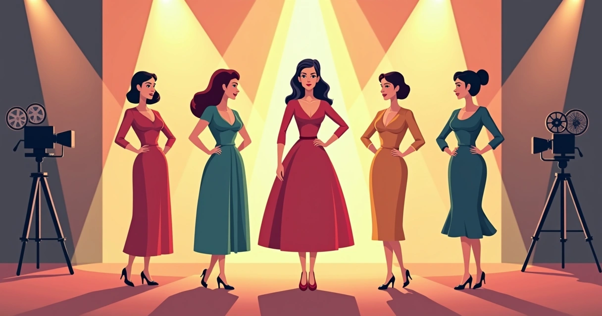Diversas personagens femininas clássicas de diferentes épocas contracenando em um cenário de estúdio 
