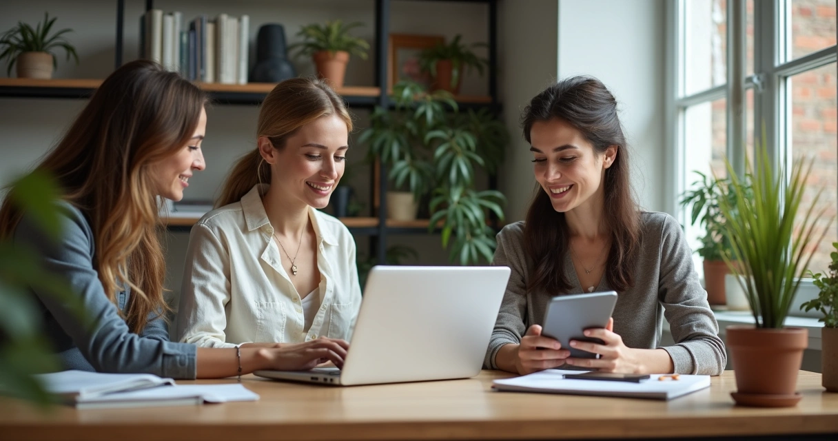 Três mulheres confiantes trocando ideias em home office digital 