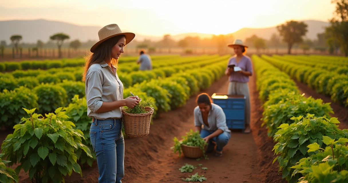 Agricultoras colhendo moringa em plantação familiar ao pôr do sol 