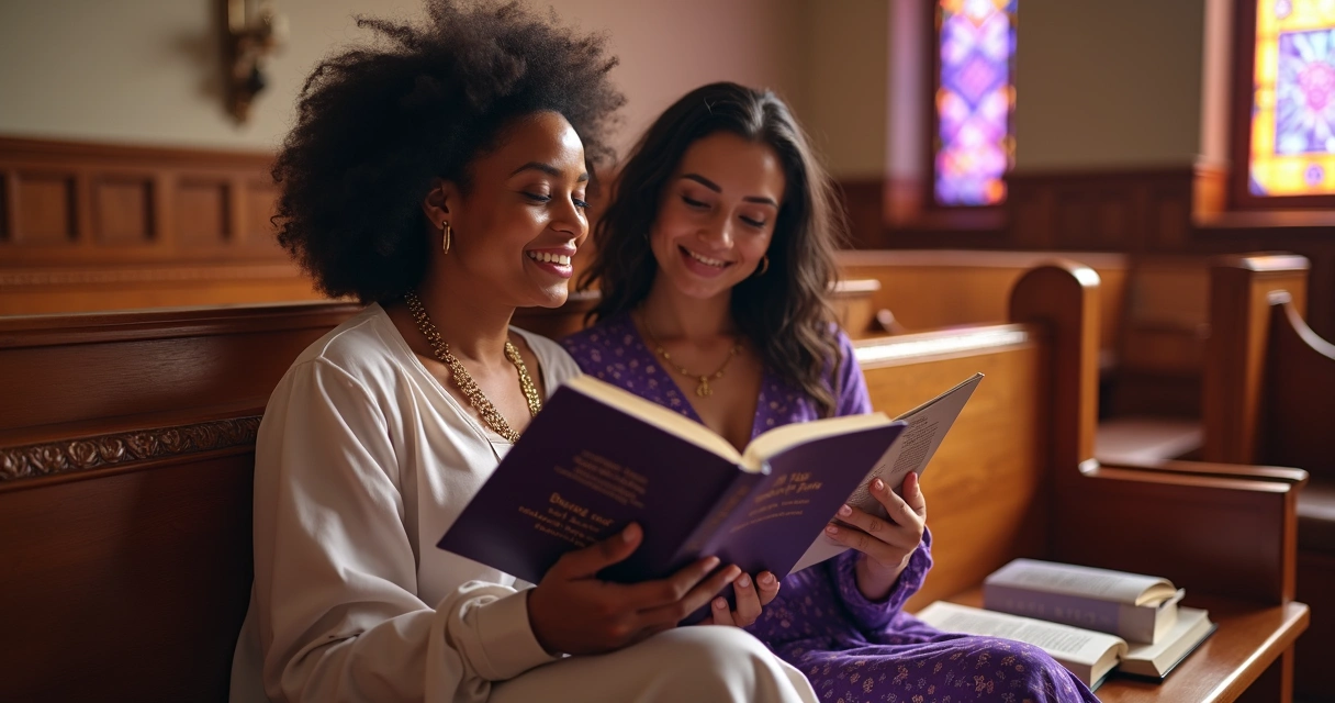 Duas mulheres conversando sentadas em um banco em ambiente acolhedor, uma delas segura um livro devocional e ambas sorriem com expressão serena 