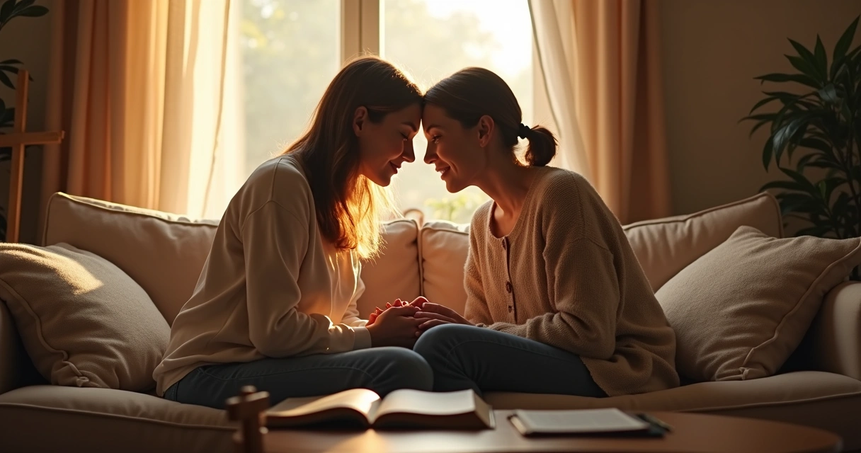 Duas mulheres conversando com serenidade em ambiente acolhedor, mostrando empatia e conexão cristã 