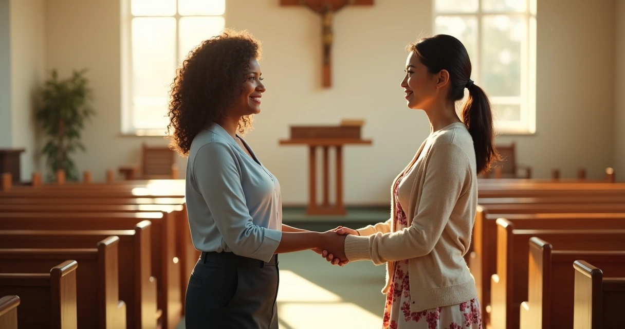 Duas mulheres cristãs se reconciliando em igreja simples com aperto de mão 