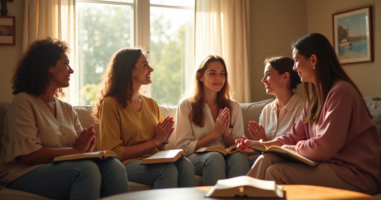 Grupo de mulheres cristãs reunidas em oração e alegria, apoiando-se mutuamente. 