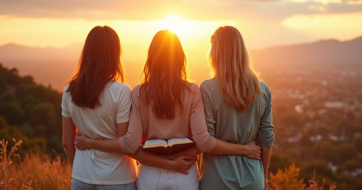 Três mulheres cristãs orando juntas ao pôr do sol em atitude de superação 