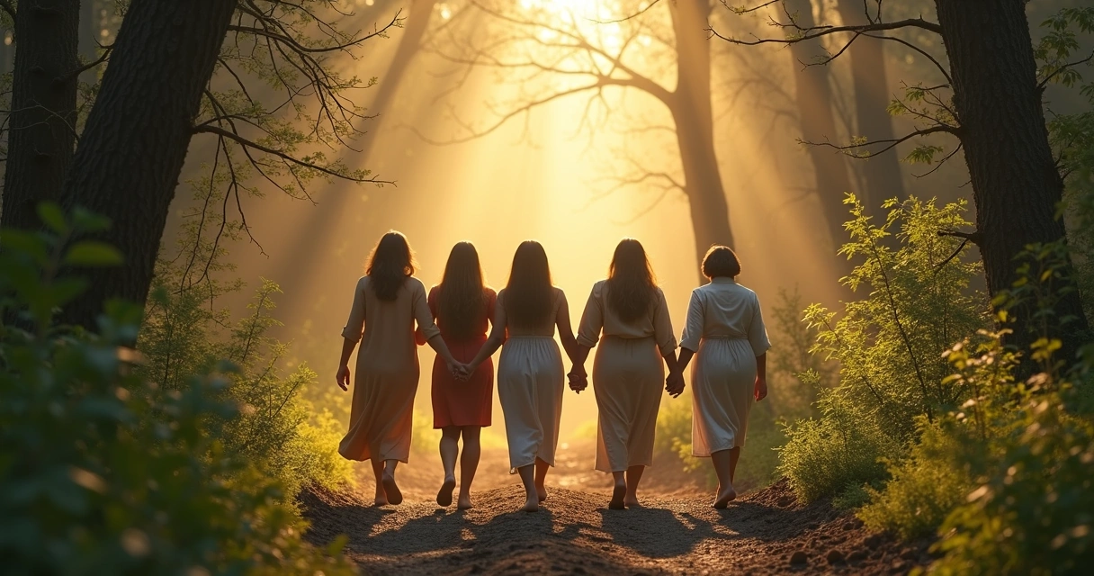Mulheres cristãs unidas caminhando por trilha com obstáculos espirituais e luz ao fundo 