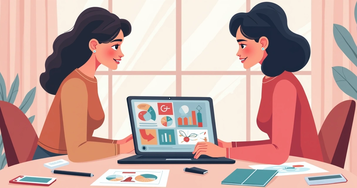 Duas mulheres sentadas juntas em uma mesa, projetando no notebook com desenhos coloridos na tela, ferramentas de design digital espalhadas 