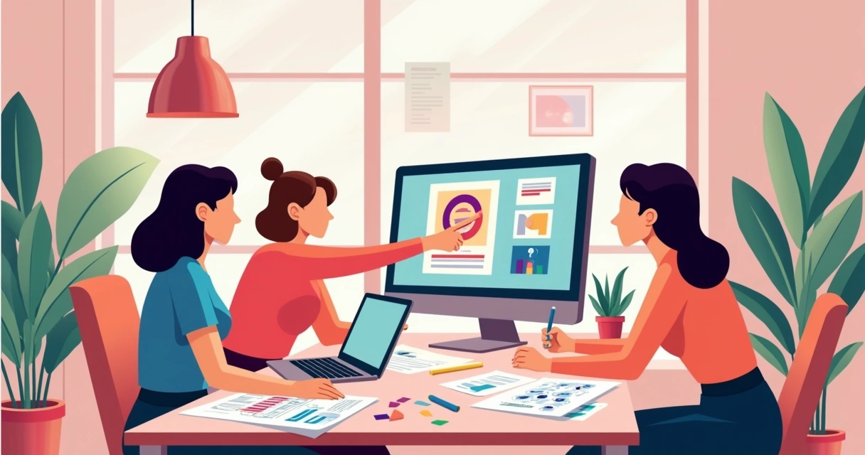 Mulheres analisando identidade visual em monitores 