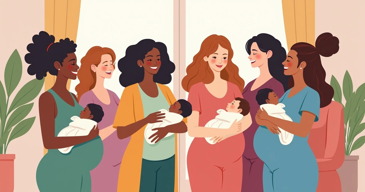 Diversas mulheres de idades e corpos diferentes, sorrindo e segurando bebês 