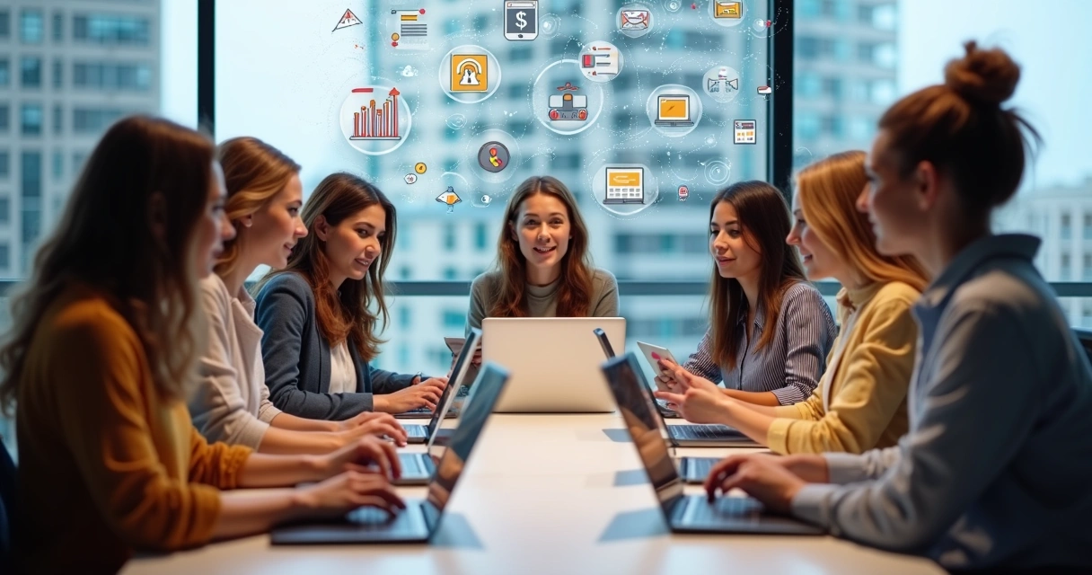 Grupo de mulheres usando notebooks discutindo afiliados SaaS 