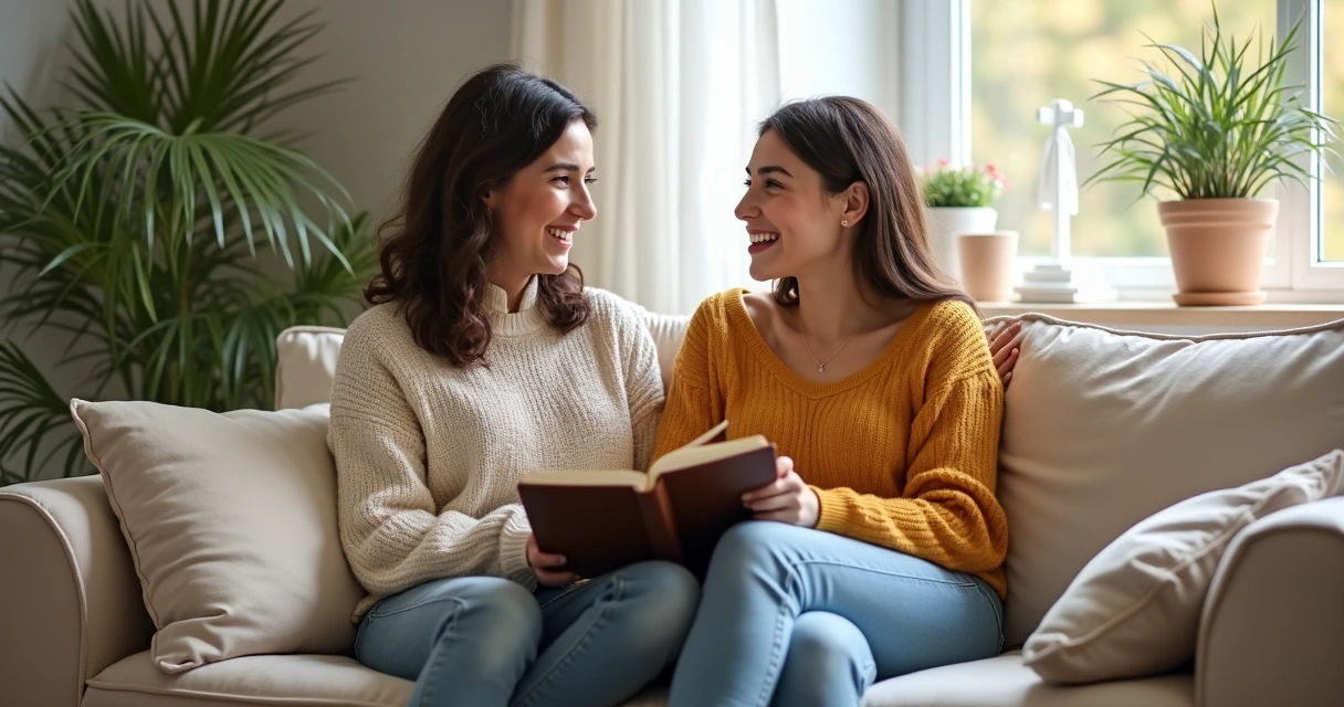 Duas mulheres reunidas sentadas, conversando com a Bíblia aberta no centro 