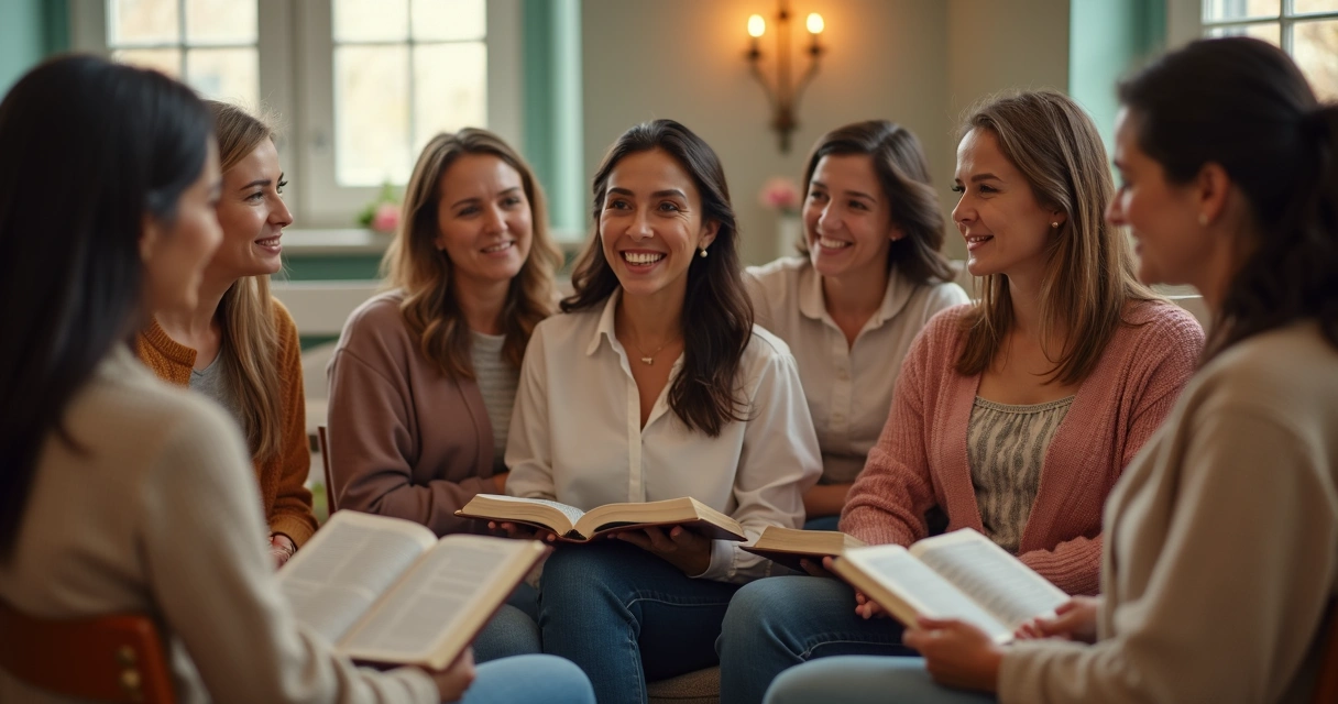Mulheres sentadas em círculo, ouvindo e discutindo no grupo de oração 