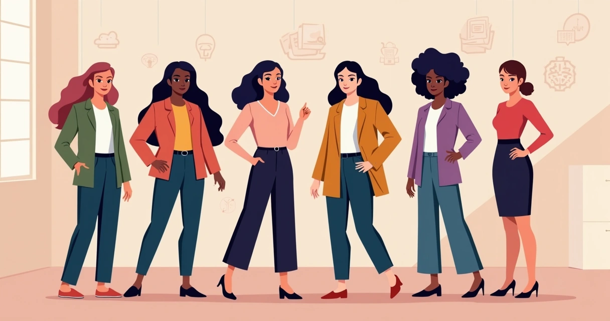 Mulheres diversas em estilo flat, representando empoderamento e autenticidade em um cenário corporativo colorido 
