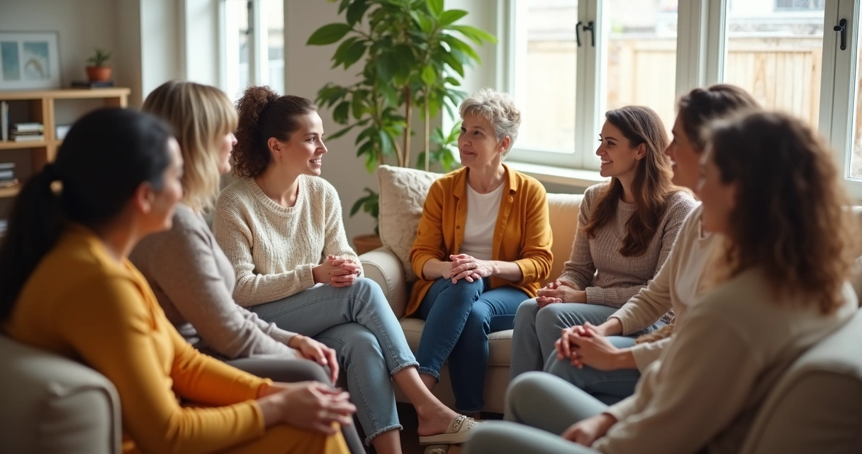 Grupo de mulheres sentadas em círculo, conversando em ambiente acolhedor