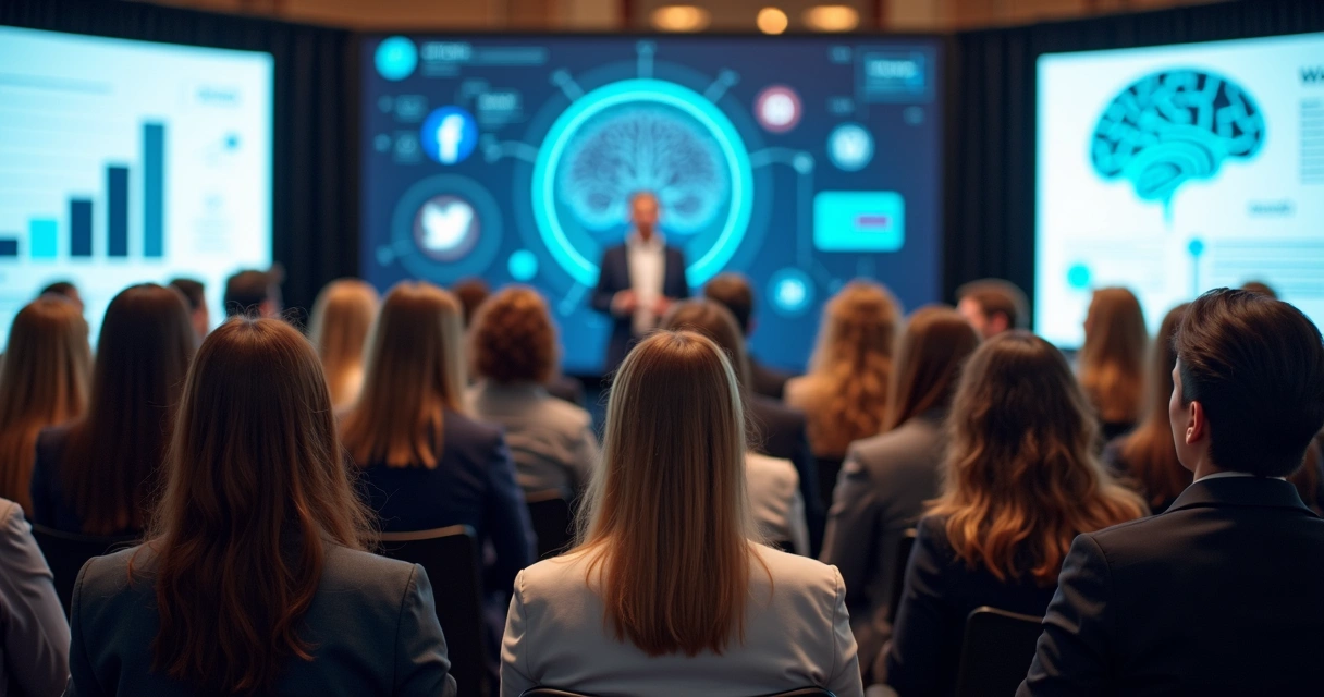 Mulheres participando de conferência de marketing sobre IA 