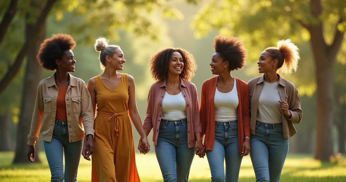 Grupo de mulheres de diversas idades caminhando juntas em um parque