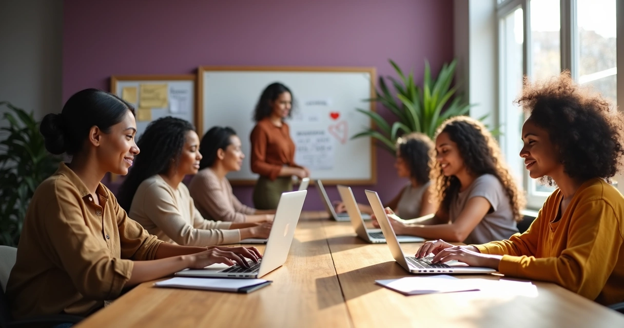 Grupo de mulheres empreendedoras reunidas em ambiente de coworking