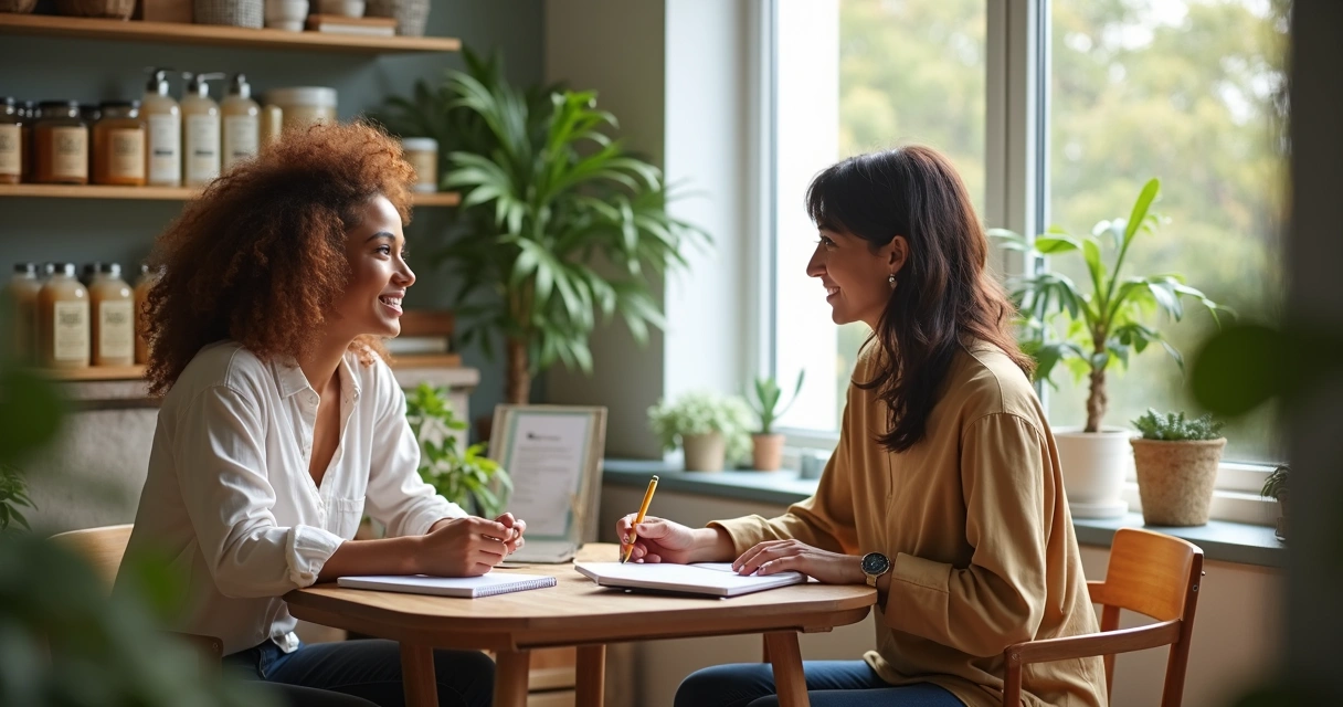Duas mulheres sentadas à mesa em cafeteria, com cadernos e computador, produtos artesanais no primeiro plano 