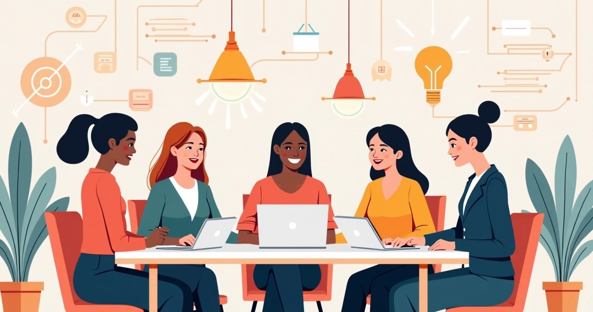 Ilustração corporativa com mulheres empreendedoras colaborando em um ambiente de trabalho moderno, usando laptops e anotações, com cores suaves e elementos de design tecnológico ao fundo 