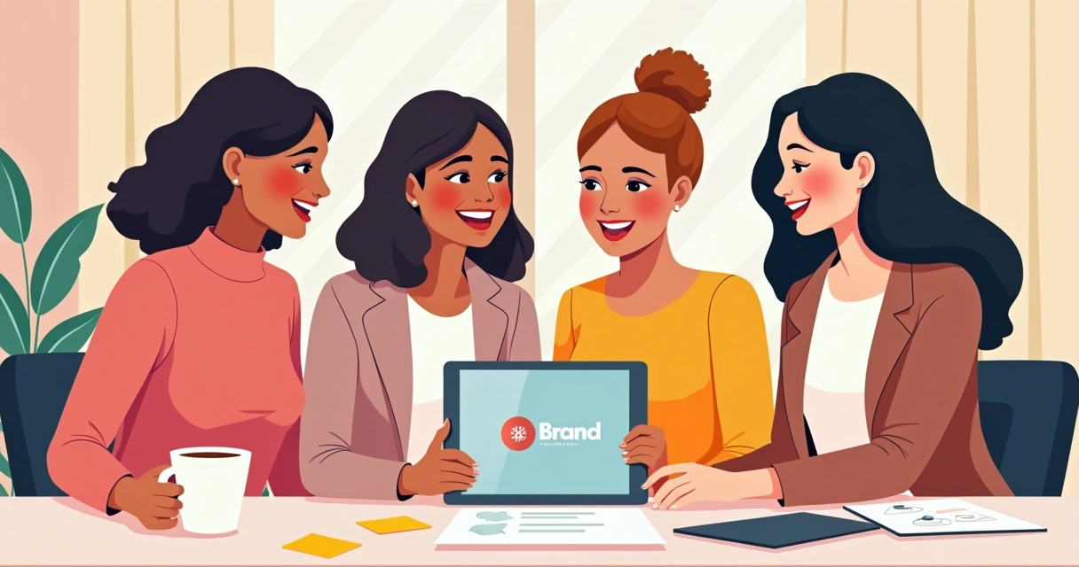 Grupo de mulheres empreendedoras sorrindo ao olhar novo logo e nome de marca 