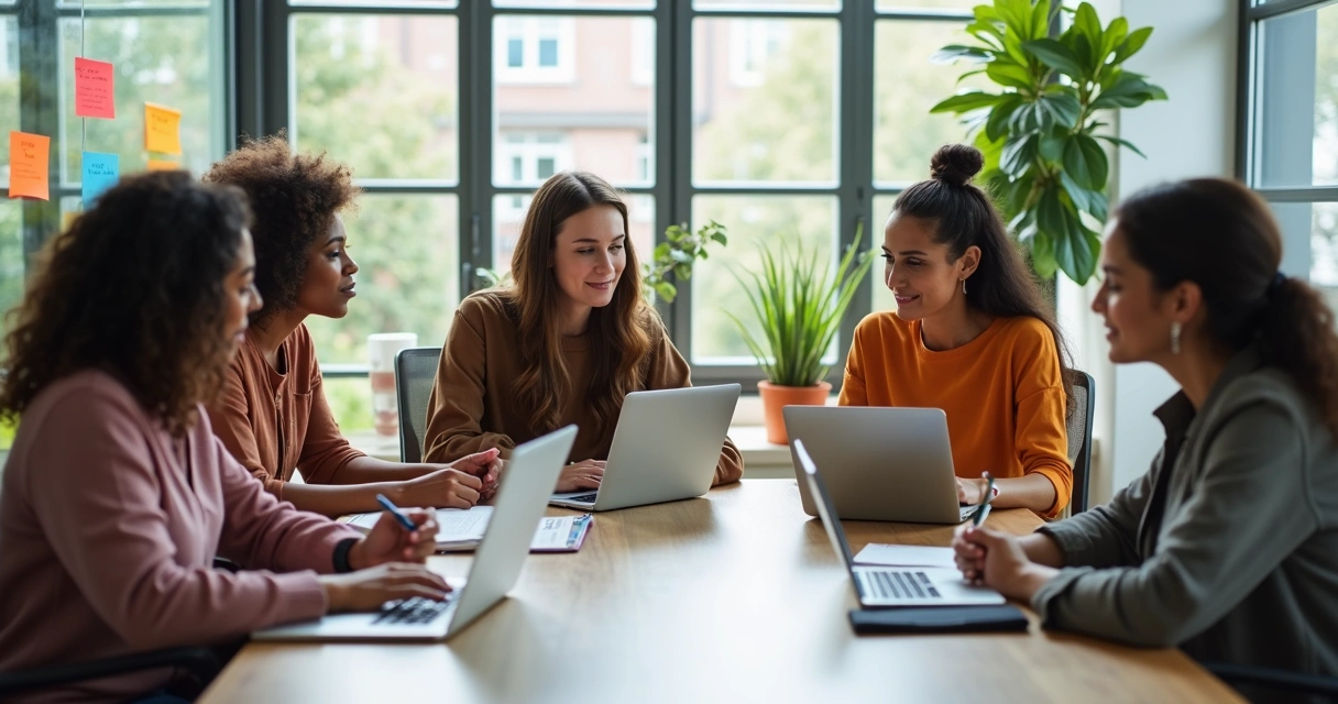 Mulheres empreendedoras trabalhando juntas em escritório moderno com laptops e anotações espalhadas pela mesa 