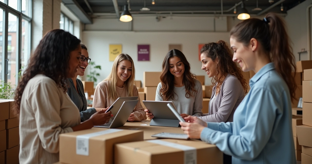 Mulheres empreendedoras conversando ao lado de mercadorias e caixas 