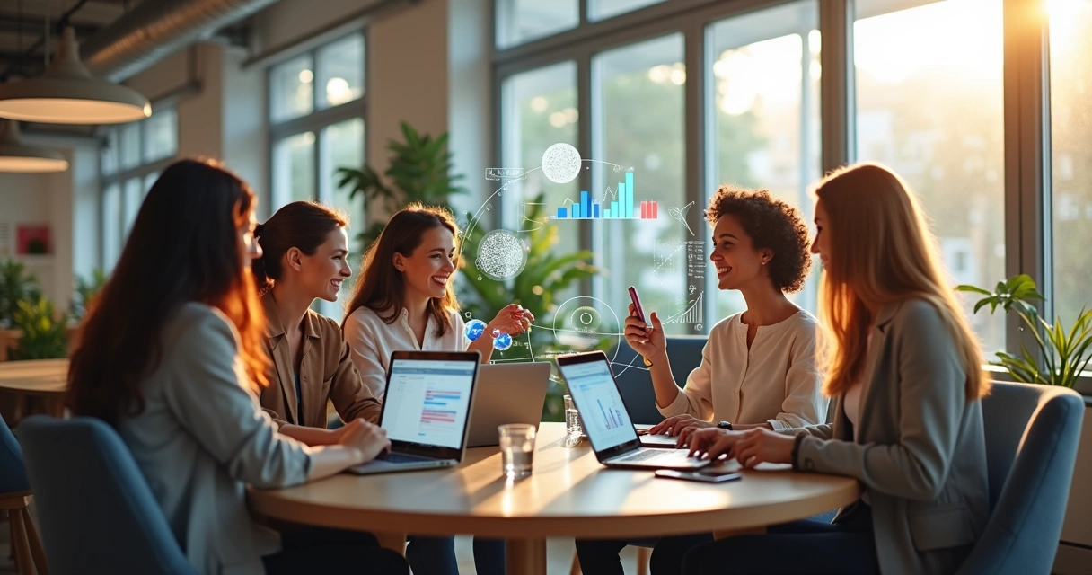 Grupo diversificado de mulheres empreendedoras usando laptops e dispositivos móveis em um ambiente moderno e iluminado de coworking com gráficos digitais e elementos de negócios ao fundo 