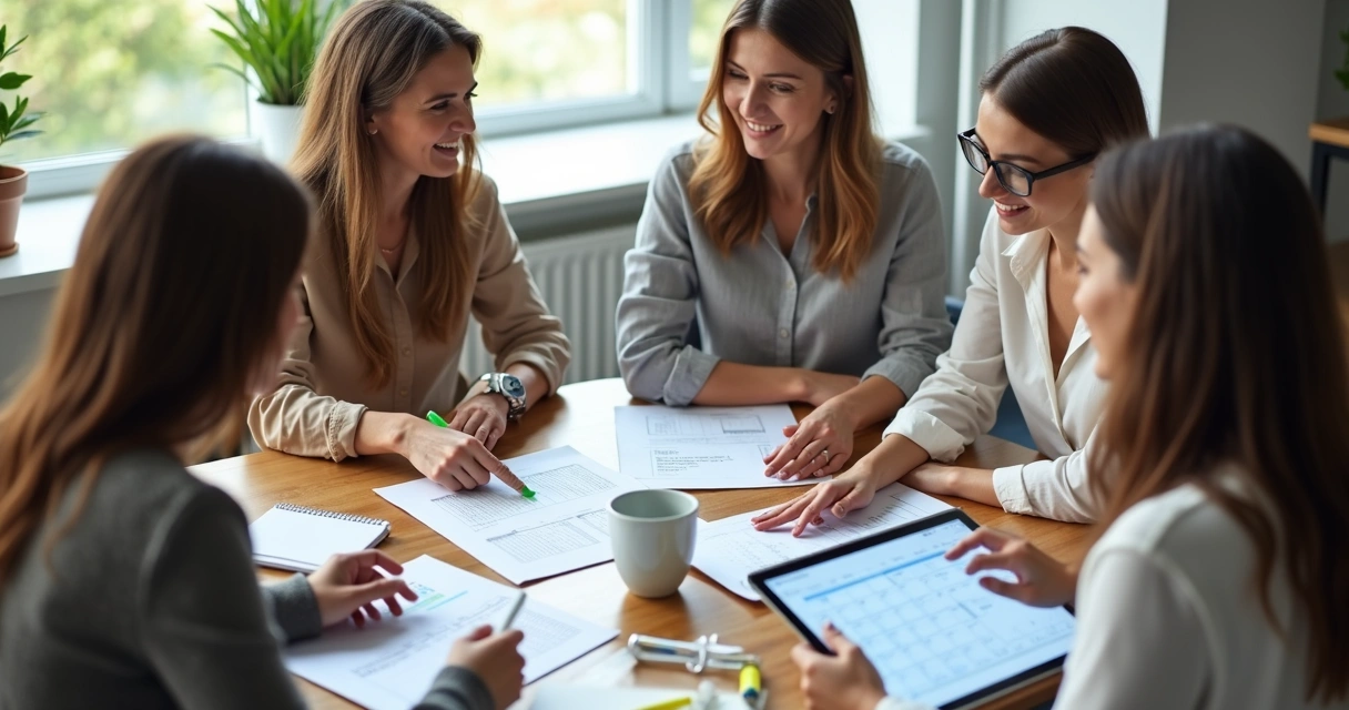 Quatro mulheres analisando calendário de conteúdo sobre mesa