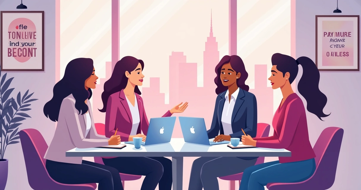 Grupo de mulheres em ambiente de trabalho colaborativo, com laptops e material de escritório 