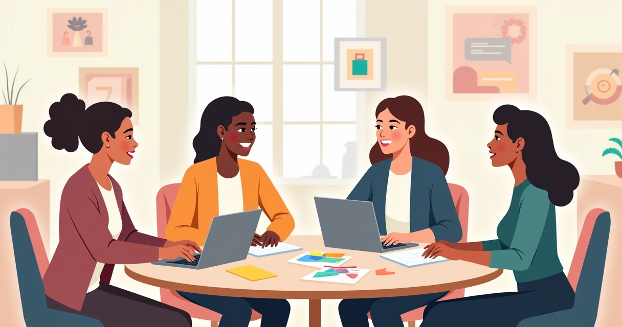 Mulheres empreendedoras em reunião criativa com laptops e anotações coloridas 