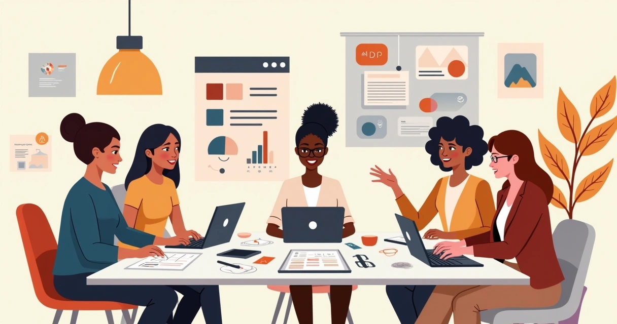 Mulheres empreendedoras reunidas em estúdio de design, discutindo estratégias e marcas 