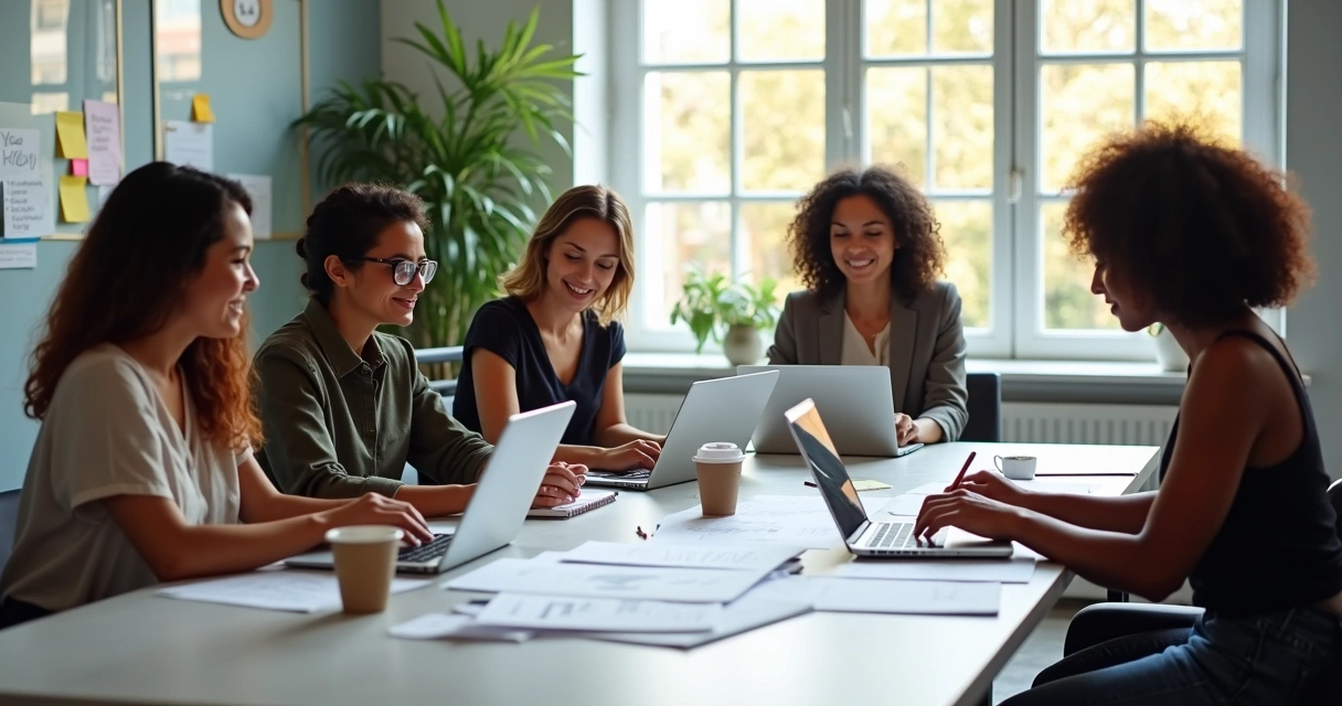 Mulheres empreendedoras reunidas ao redor de uma mesa de reunião com laptops e anotações, ambiente moderno e iluminado 