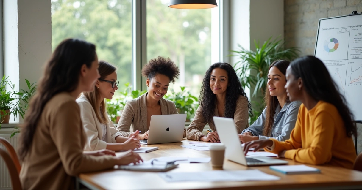 Grupo de mulheres empreendedoras trabalhando juntas em um escritório moderno e iluminado 