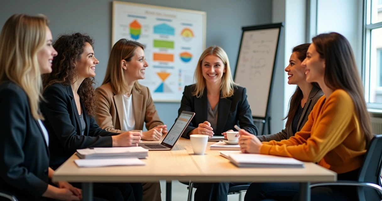 Mulheres empresárias sentadas em grupo discutindo conteúdo educacional em ambiente moderno 