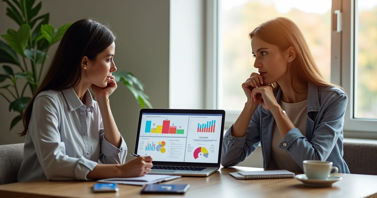 Duas mulheres sentadas em uma mesa moderna, uma segurando um laptop e a outra com um caderno, ambas analisando gráficos e estratégias de marketing digital 